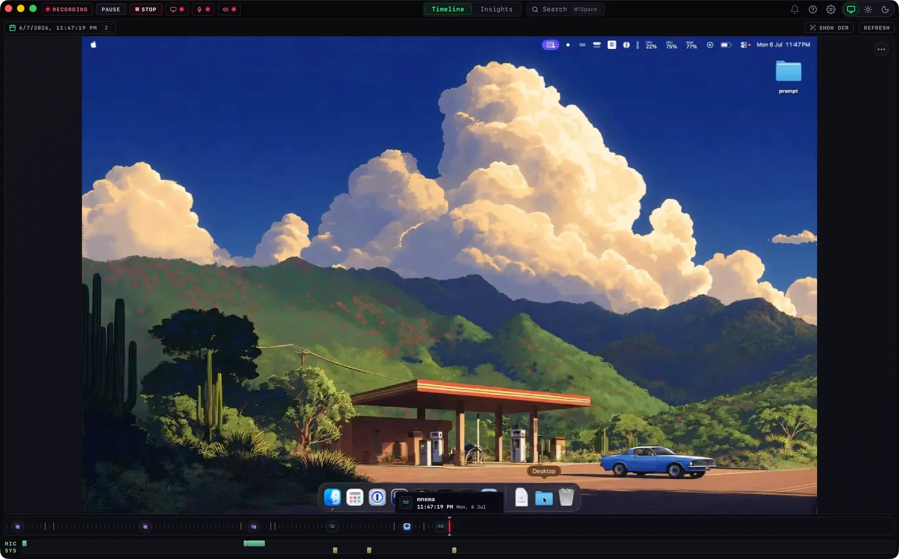 Mnema recording and timeline interface on macOS